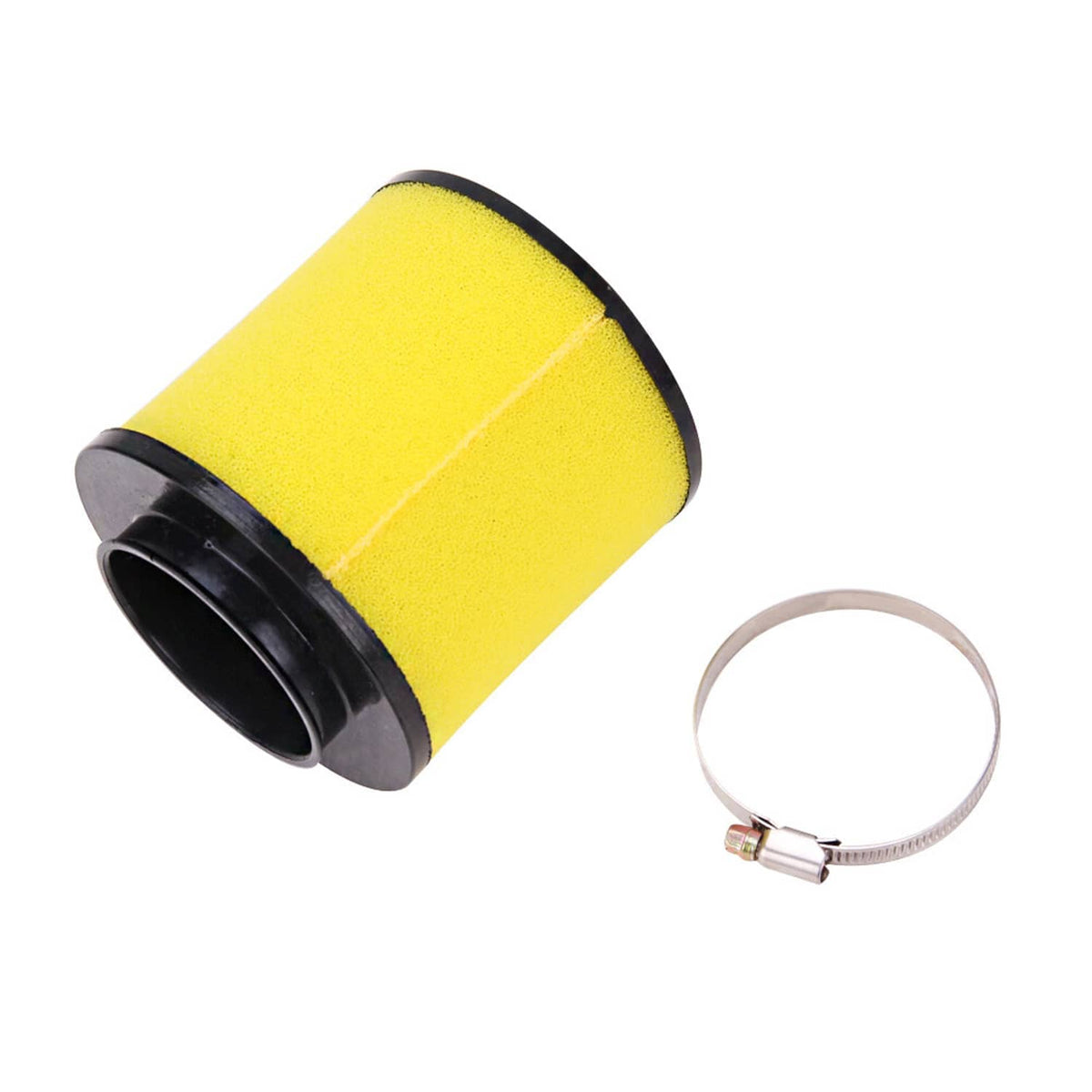 Yellow foam ATV air filter with black end cap and metal band clamp with sealing ring