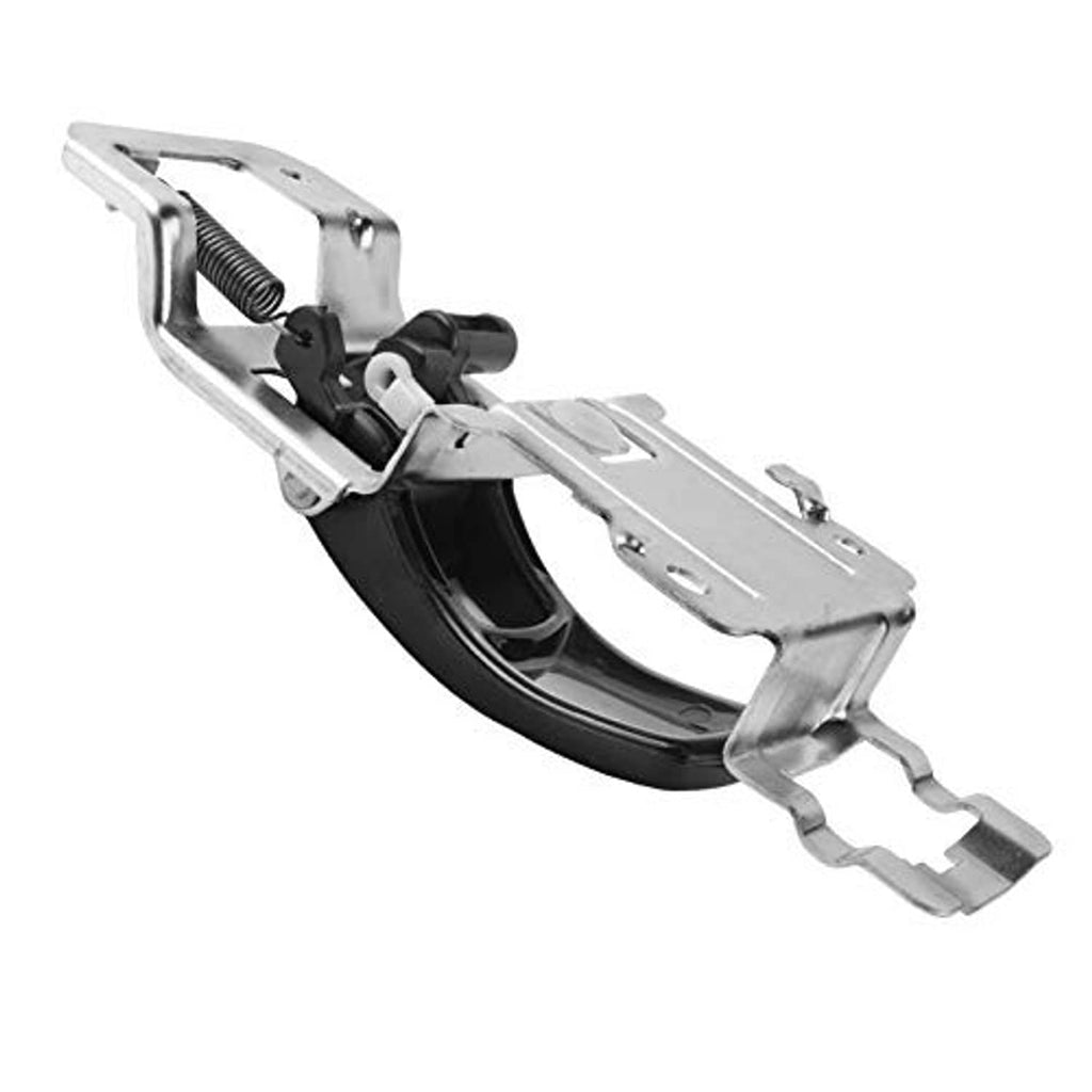 Inside door handle with black curved grip and silver support bracket, spring included