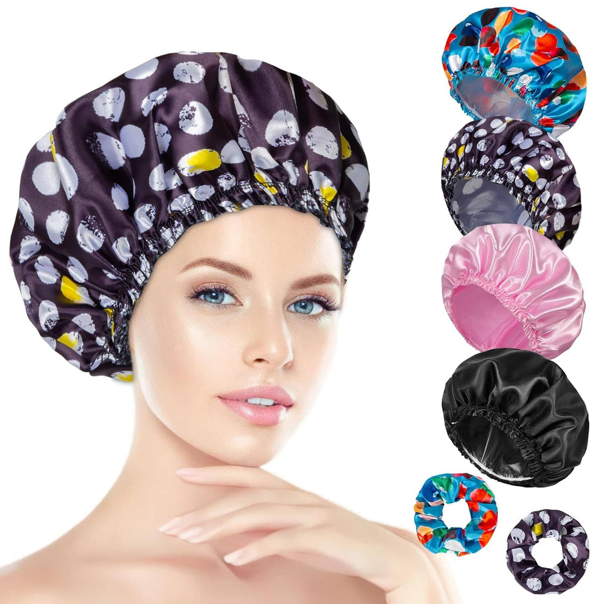 Women’s patterned shower cap set with satin scrunchies, dark purple print on model