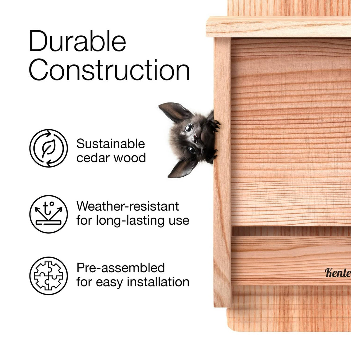 Cedar bat house front panel with weather-resistant construction features