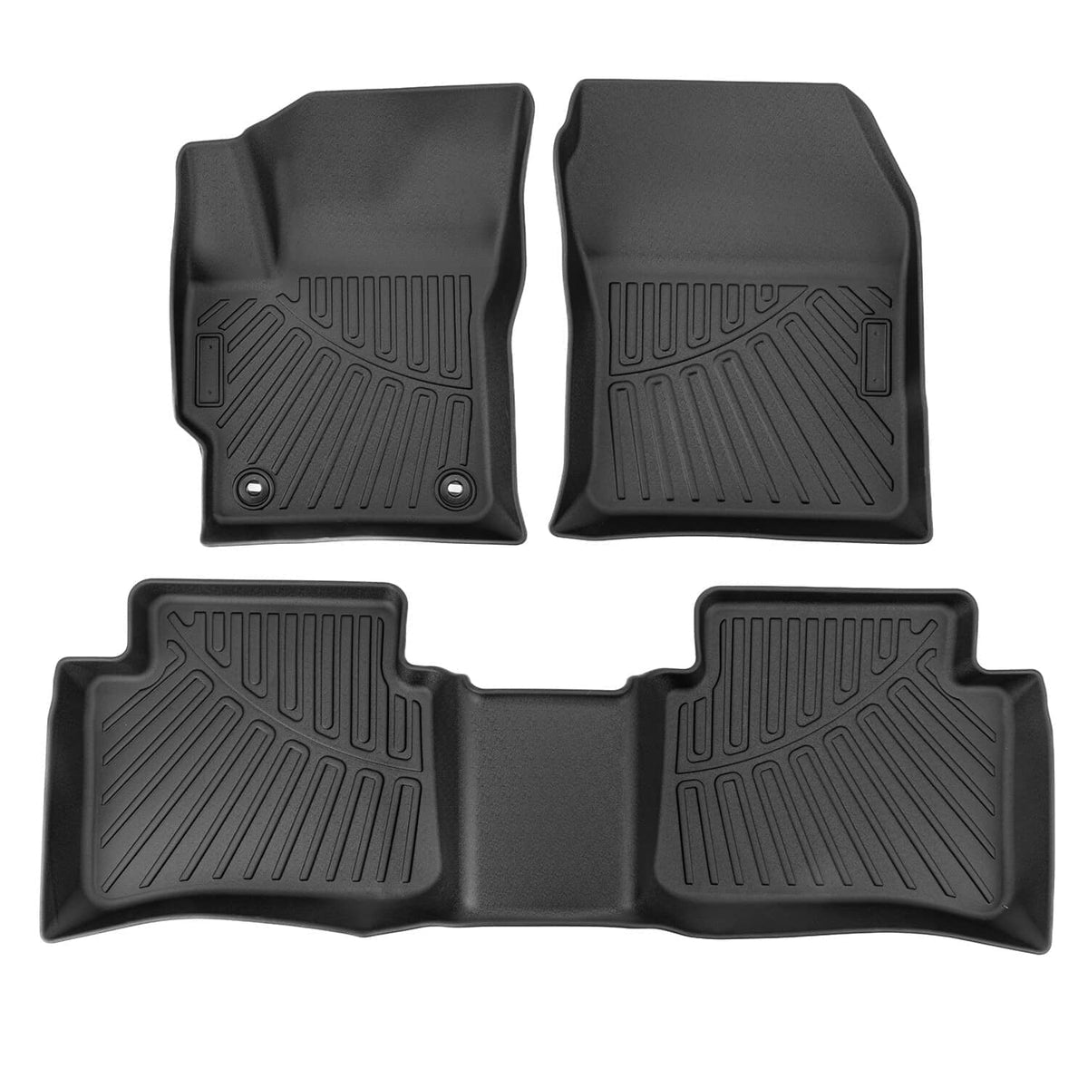 Black all-weather floor mat liners set with raised grooves and molded tread, four-piece
