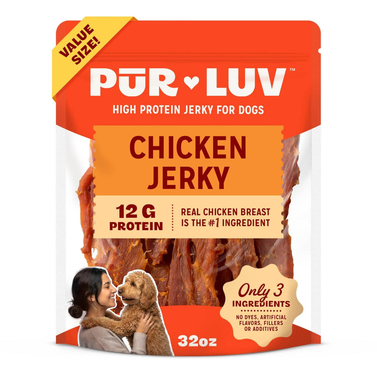 Pur Luv chicken jerky dog treats, orange pouch with chicken jerky and 12G protein text
