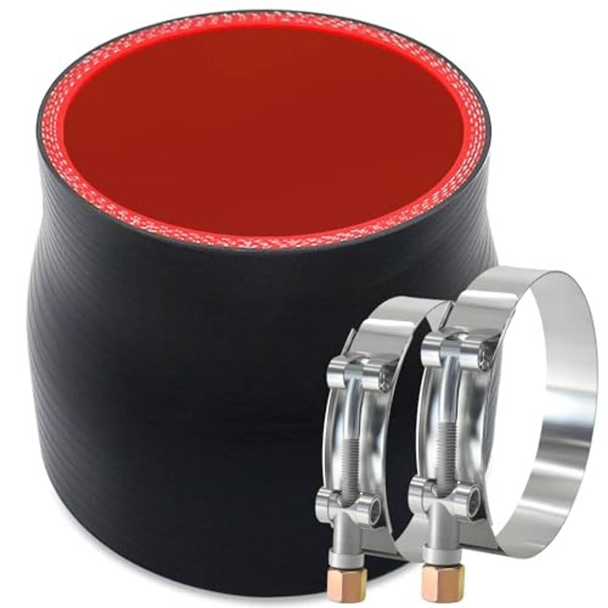 Black silicone hose coupler with red inner lining and silver adjustable clamps