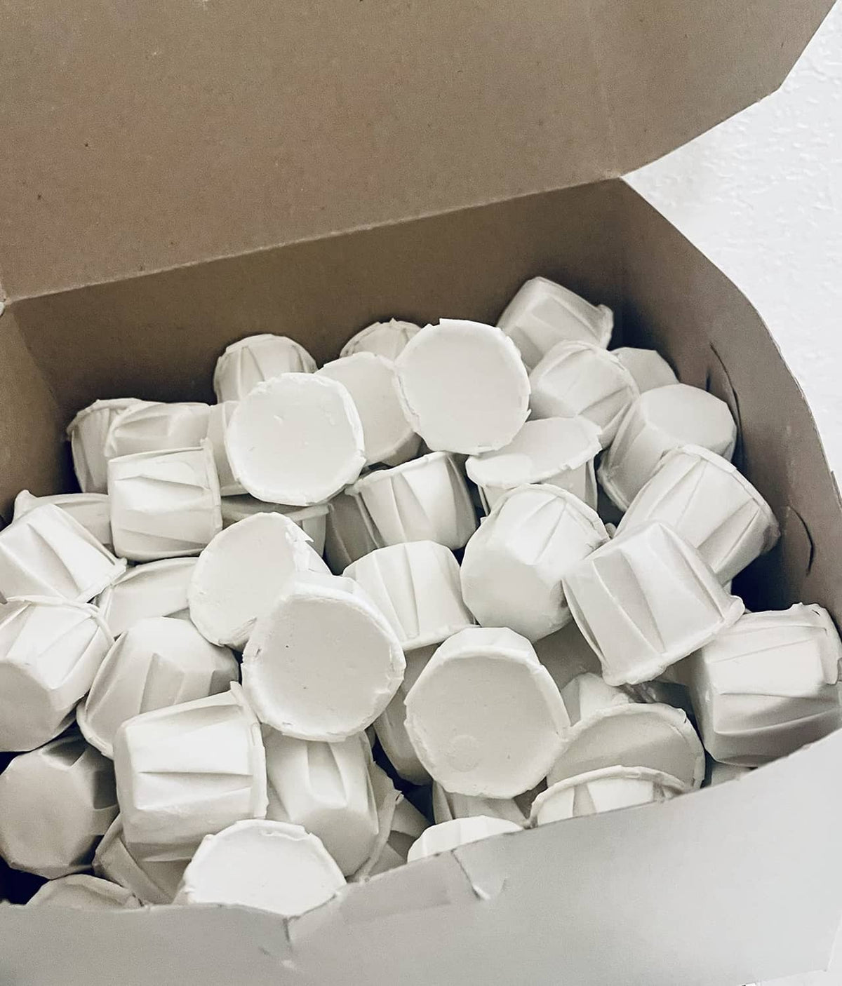White cascarilla shell pieces, set of 10, small round and folded pieces in a box