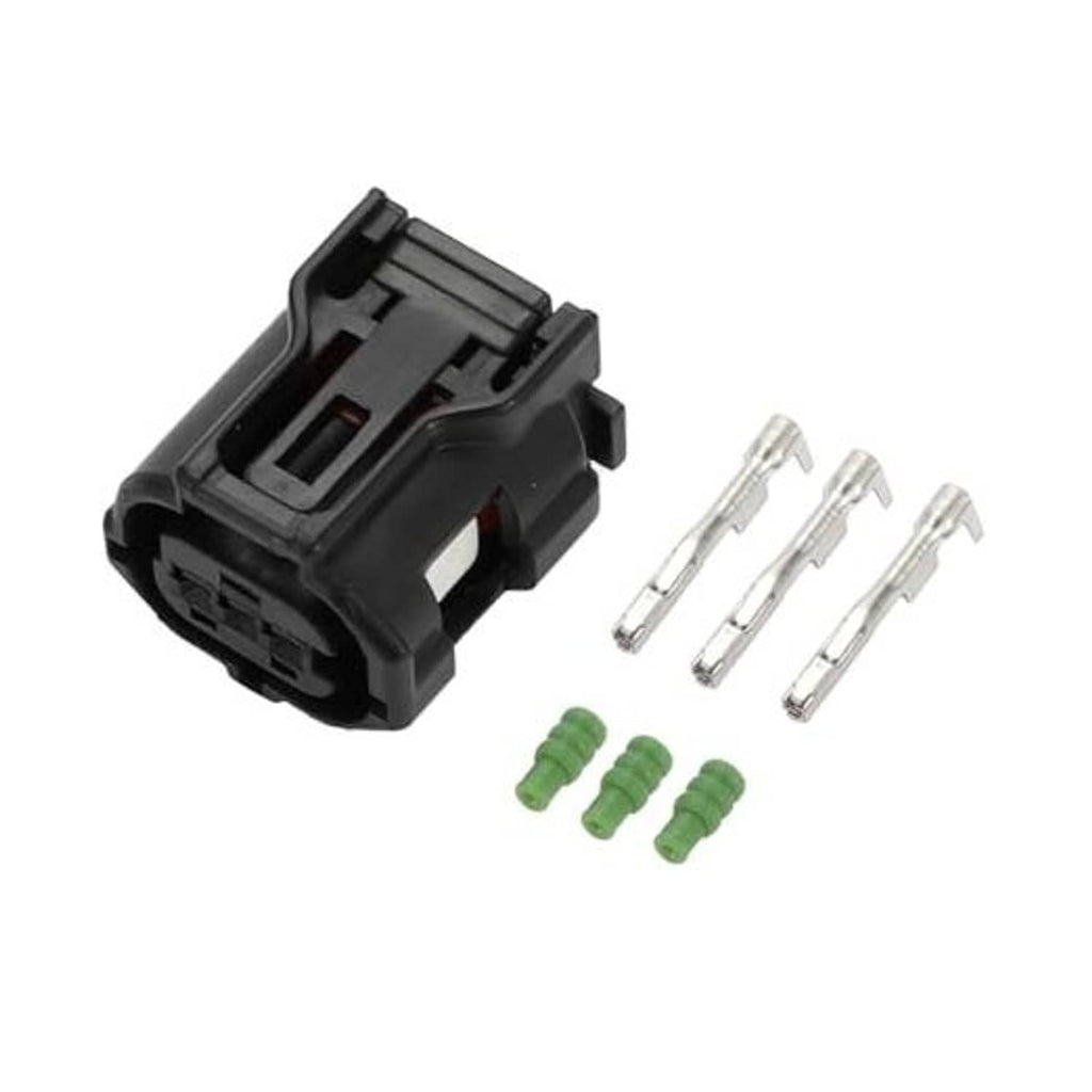 3-pin camshaft sensor connector plug with metal terminals and green wire seals