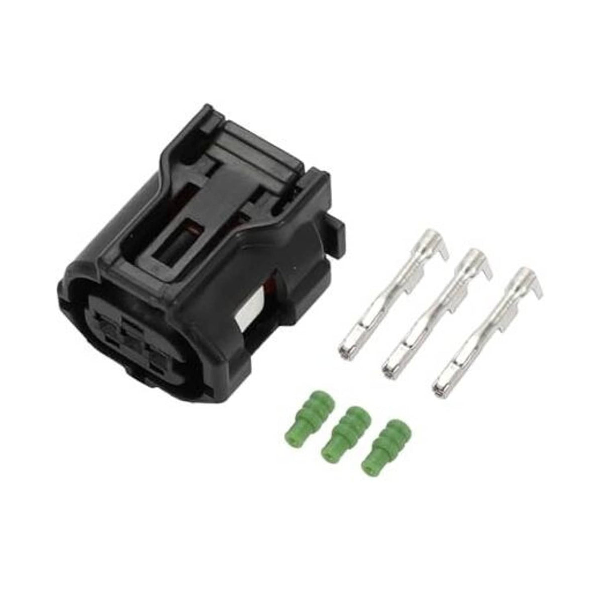 3-pin camshaft sensor connector plug with metal terminals and green wire seals