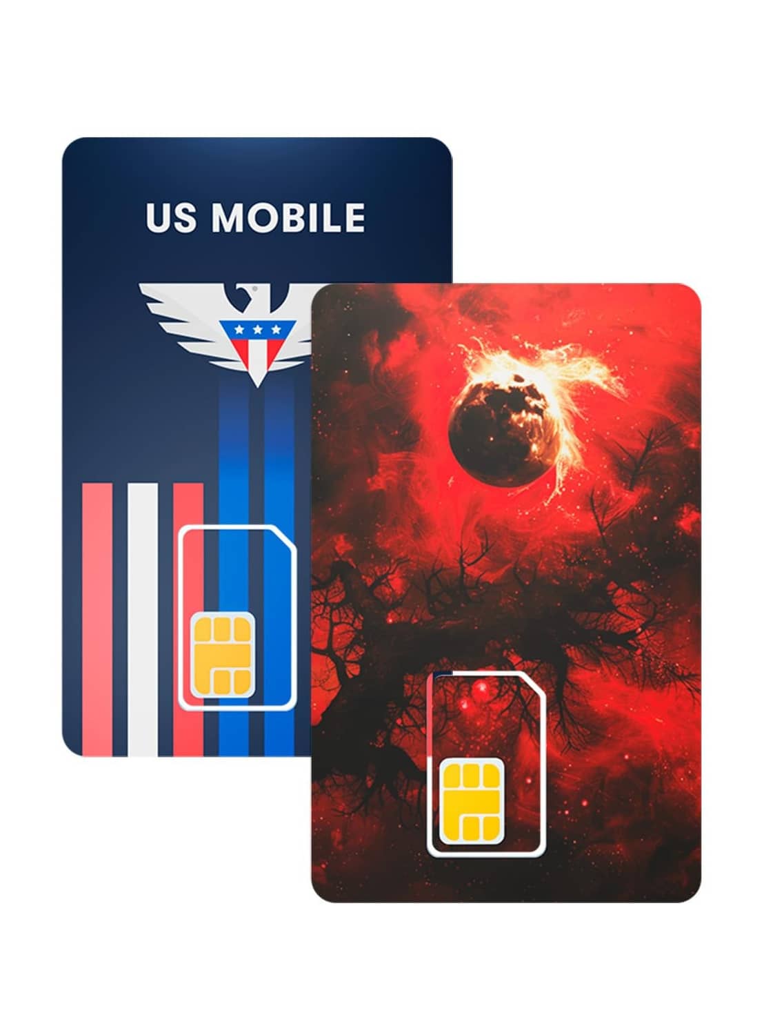 US Mobile prepaid SIM cards, blue-and-red Warp and Dark Star dual designs