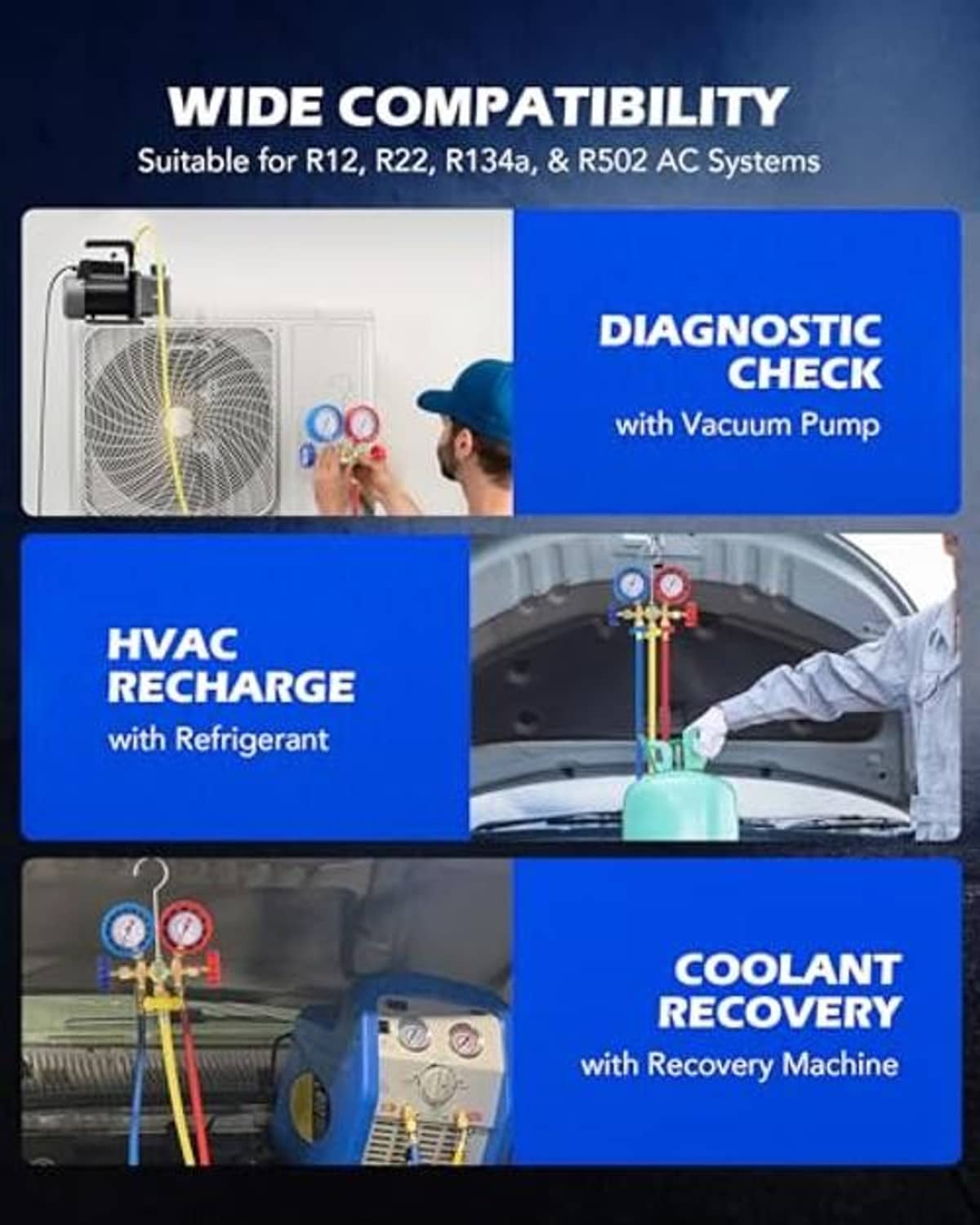 AC manifold gauge set with hose couplers and adapters for refrigerant service