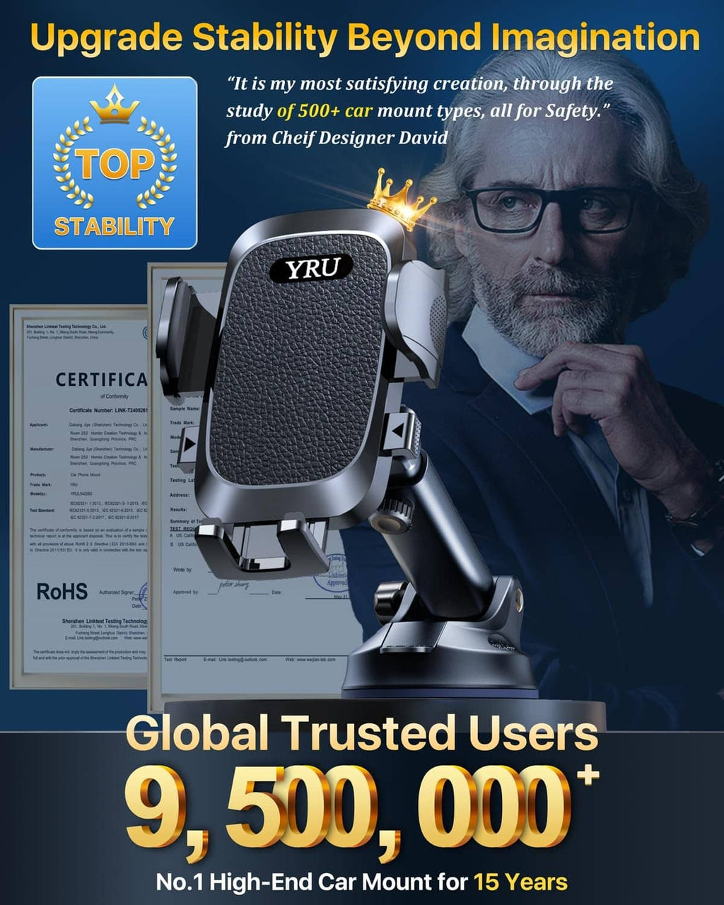 Black YRU car phone holder mount with textured cradle and sturdy metal base