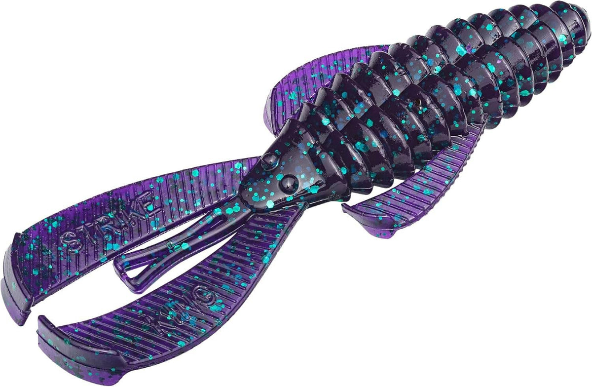 Teal-sparkled purple-blue soft plastic craw bait with fin-like tail flares