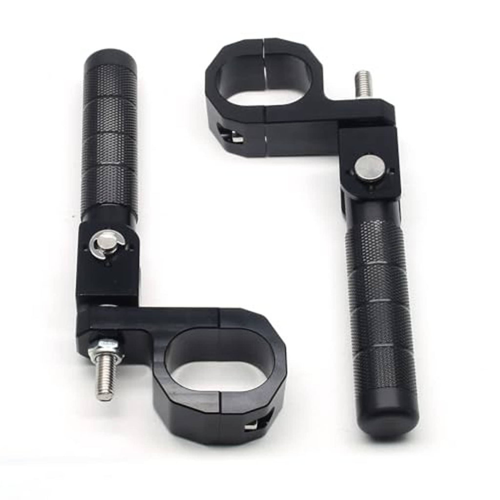 Motorcycle passenger folding footrest and pegs, black textured bars with hardware, bracket mounts.