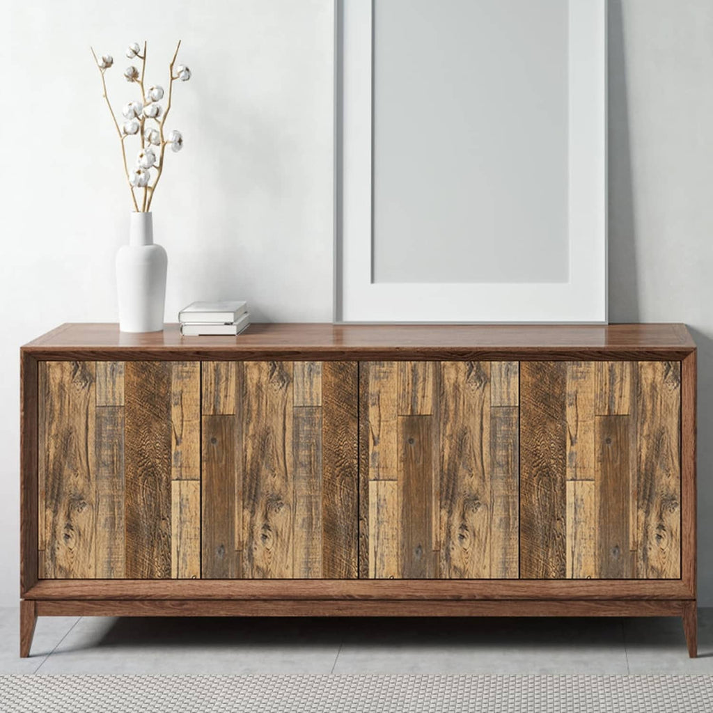 Shiplap wood wallpaper on cabinet backdrop, warm brown plank pattern