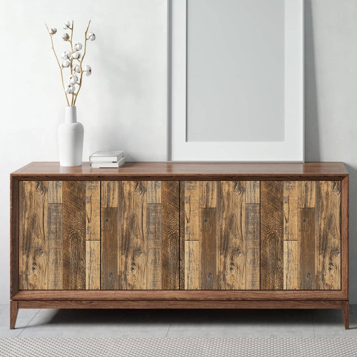 Shiplap wood wallpaper on cabinet backdrop, warm brown plank pattern