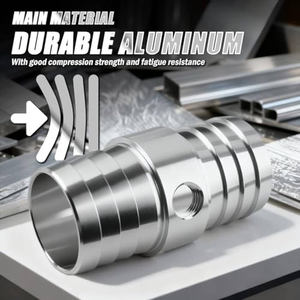 Durable aluminum radiator hose adapter, silver finish, barbed ends and 1/8 in NPT port