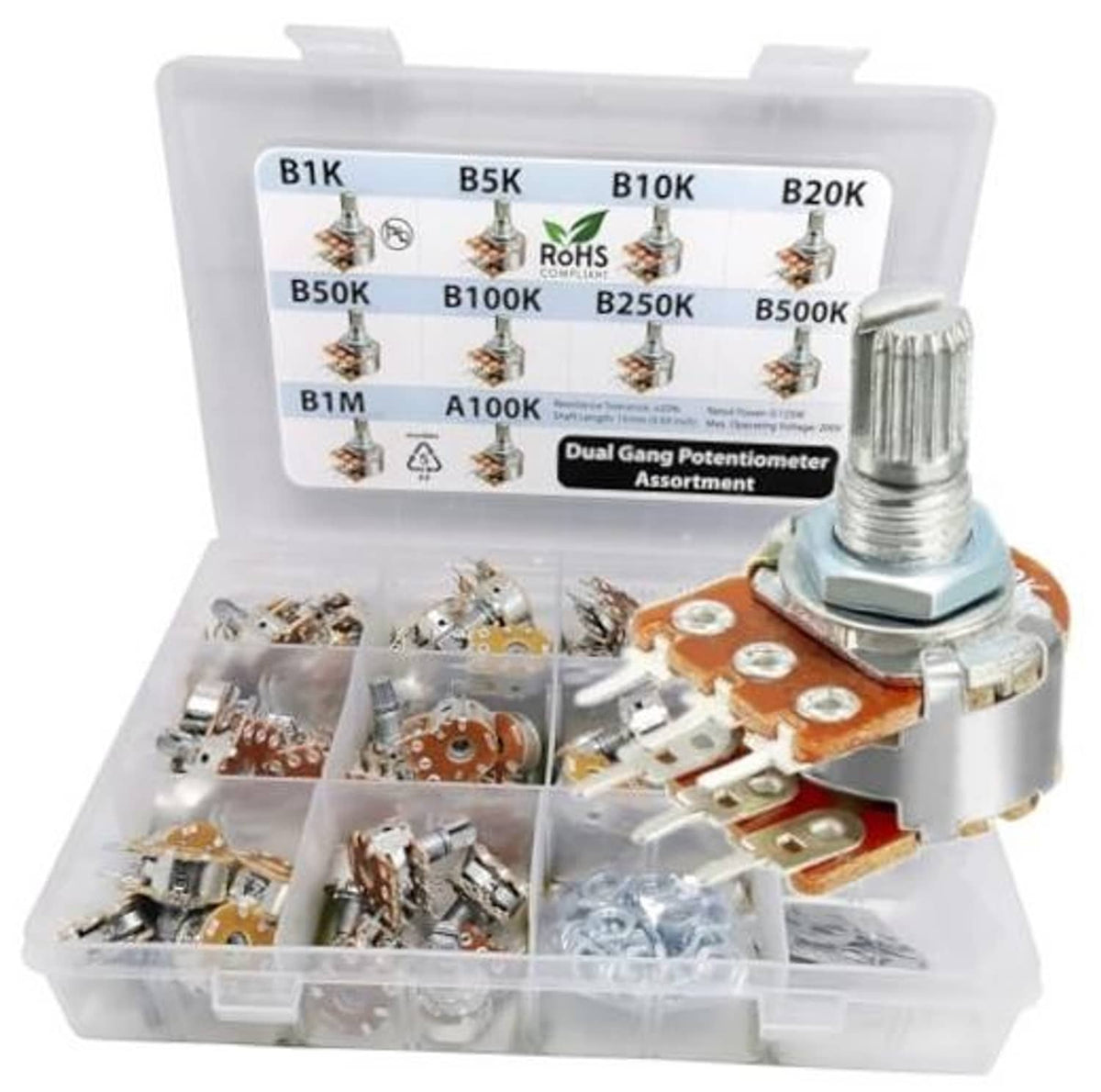 Dual gang stereo potentiometer assortment kit with metal adjustment knobs and parts tray