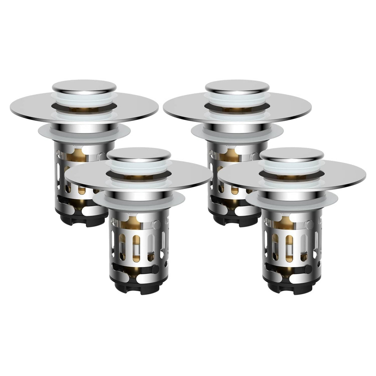 Set of four chrome pop-up sink drain strainers with removable filter baskets