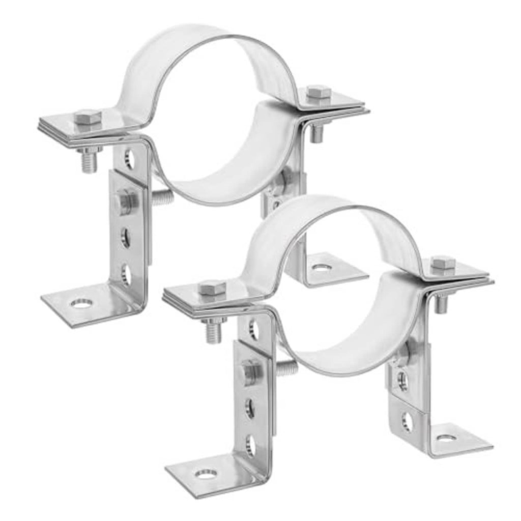 Pair of galvanized split-ring pipe wall strap brackets with adjustable mounting bases