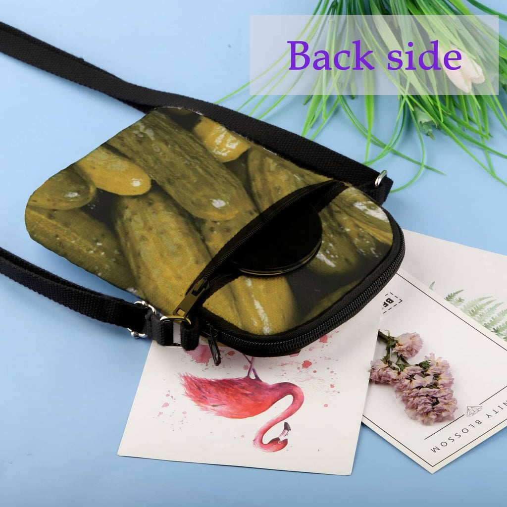 Pickle-print crossbody bag with black back panel and zipper closure