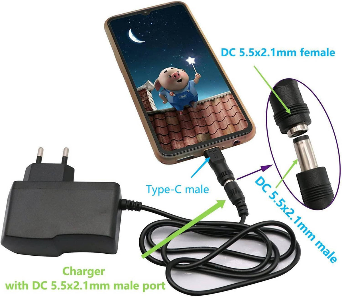 Black Type-C male to DC 5.5x2.1mm female head adapter with charging cable
