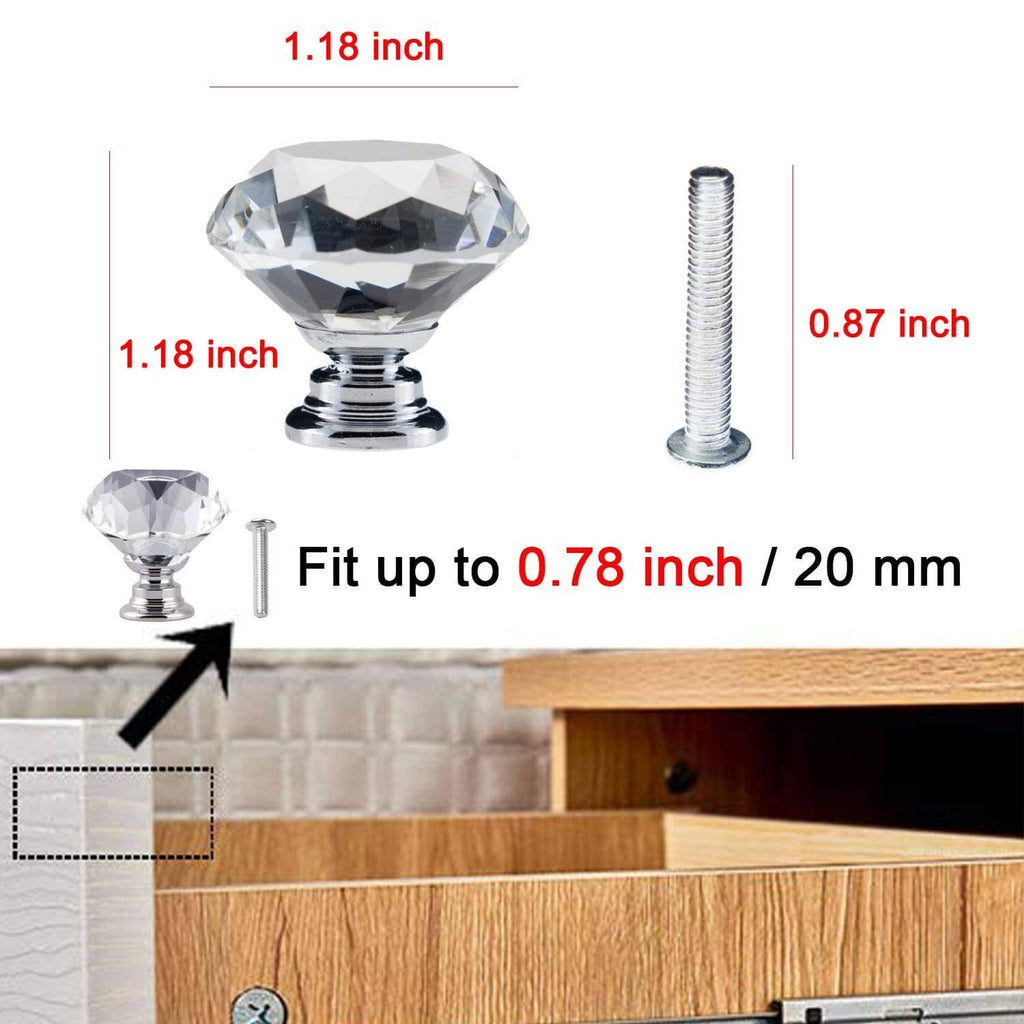Crystal diamond drawer knob on chrome threaded post with mounting bolt