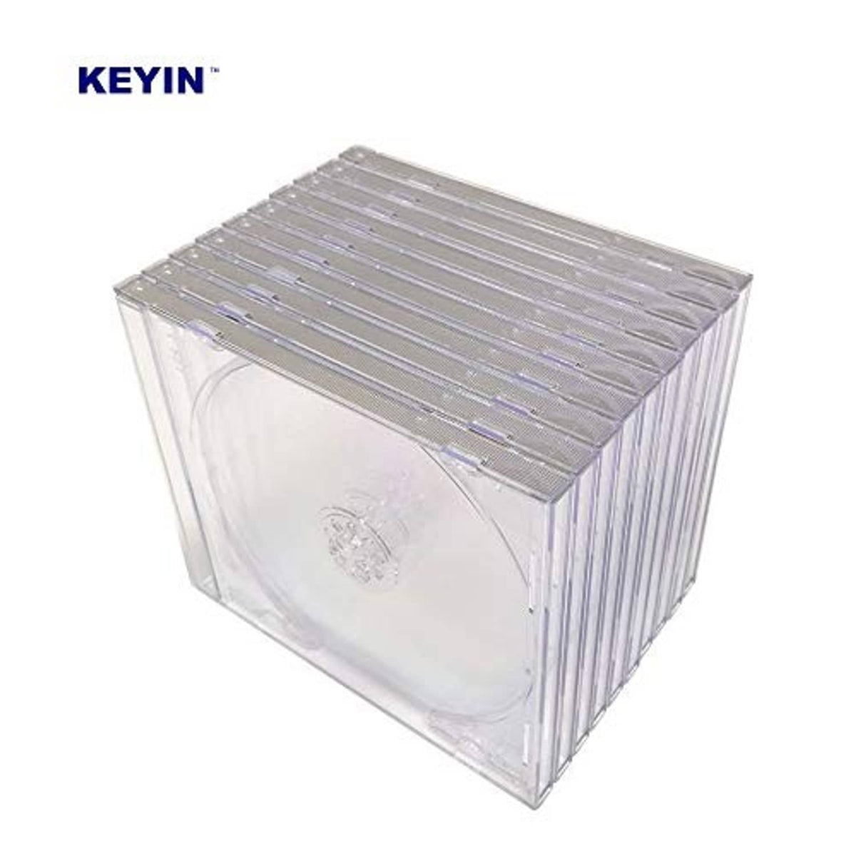 Stack of clear CD jewel cases with ribbed lids and hinged covers.