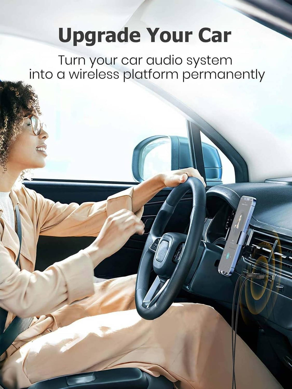 Bluetooth car aux adapter connected at dashboard with phone mount