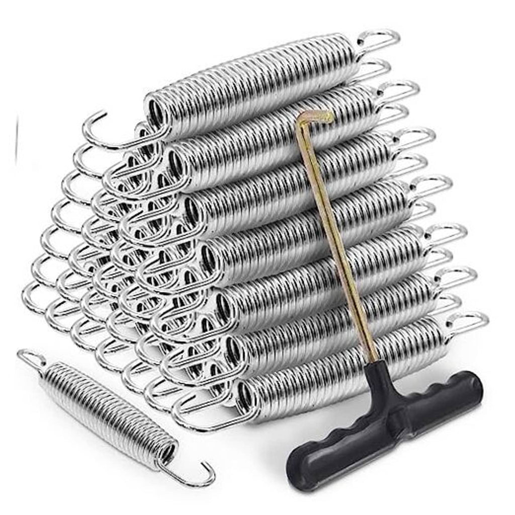 Trampoline replacement springs set with T-hooks, heavy-duty silver coils and black tool