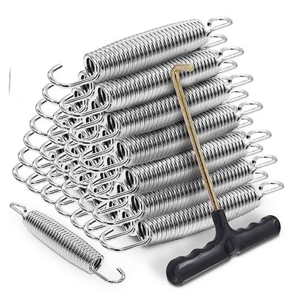Trampoline replacement springs set with T-hooks, heavy-duty silver coils and black tool