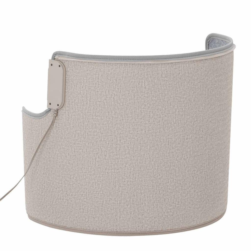 Portable under-desk heater with light gray fabric cylinder cover, side power inlet and cord