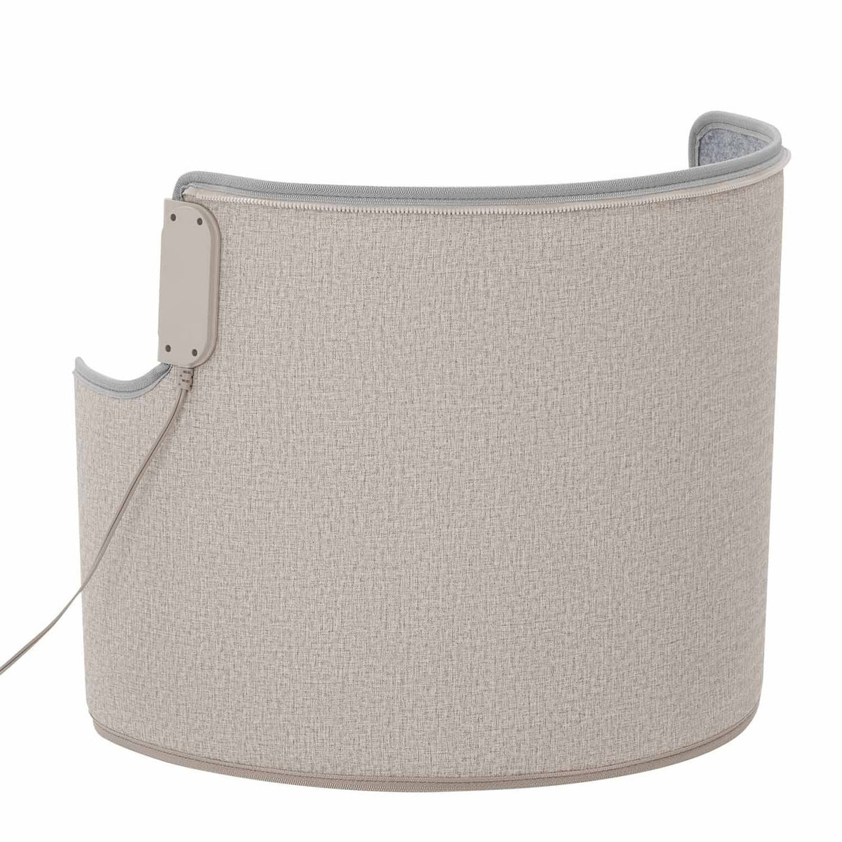 Portable under-desk heater with light gray fabric cylinder cover, side power inlet and cord