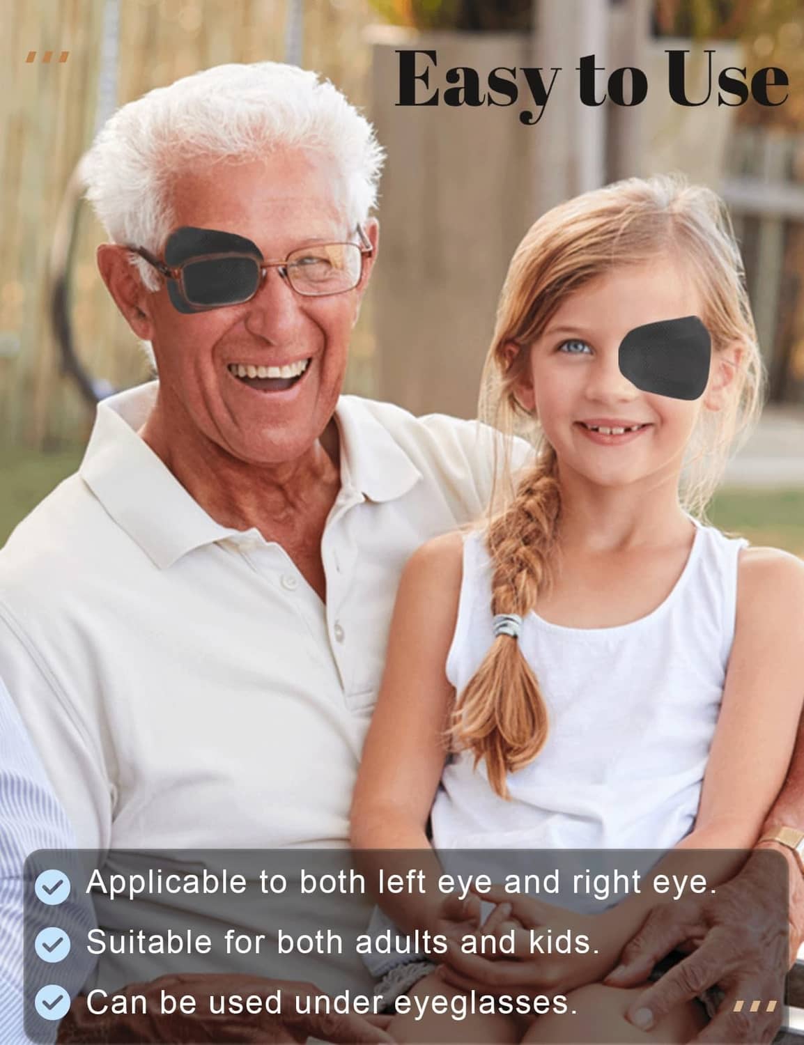 Two black oval adhesive eye patches on faces, each covering one eye.