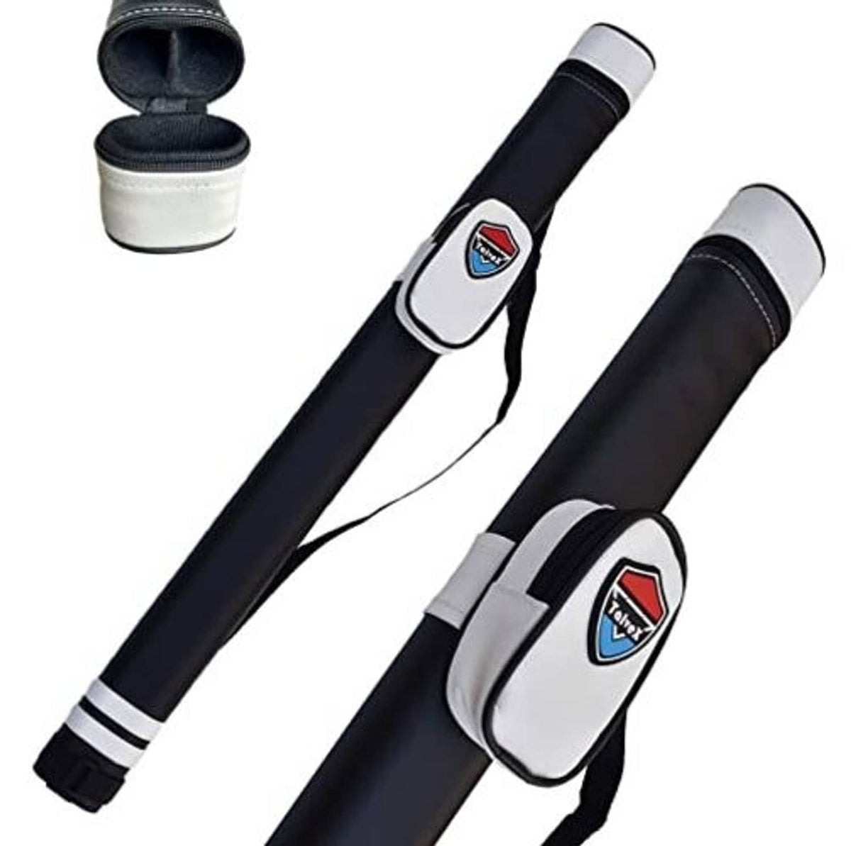 1-cue pool cue hard carry case, dark navy body with white trim, fitted front storage pocket