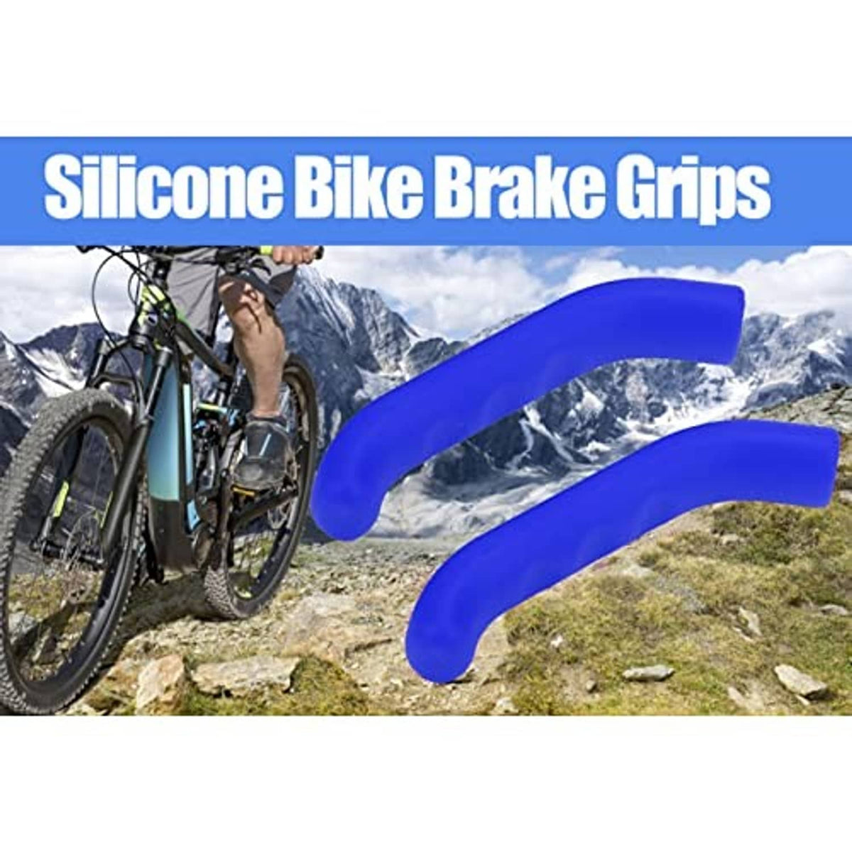 Blue silicone bicycle brake lever grips covers shown on a mountain bike scene