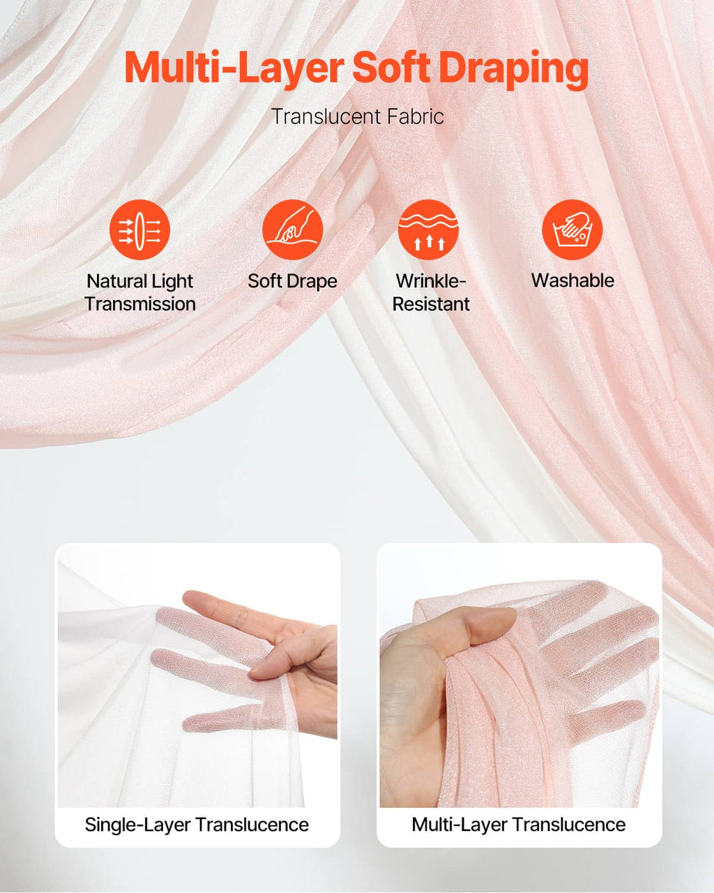 Pink and white sheer draping fabric details for wedding arch decor