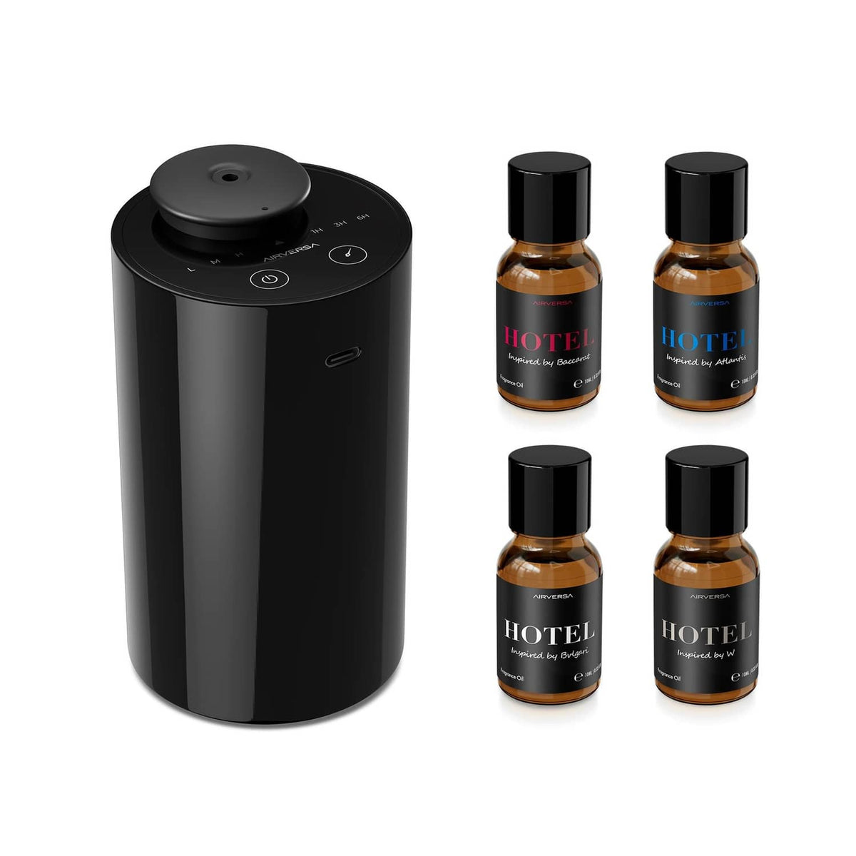 Black waterless essential oil diffuser with four amber aroma oil bottles
