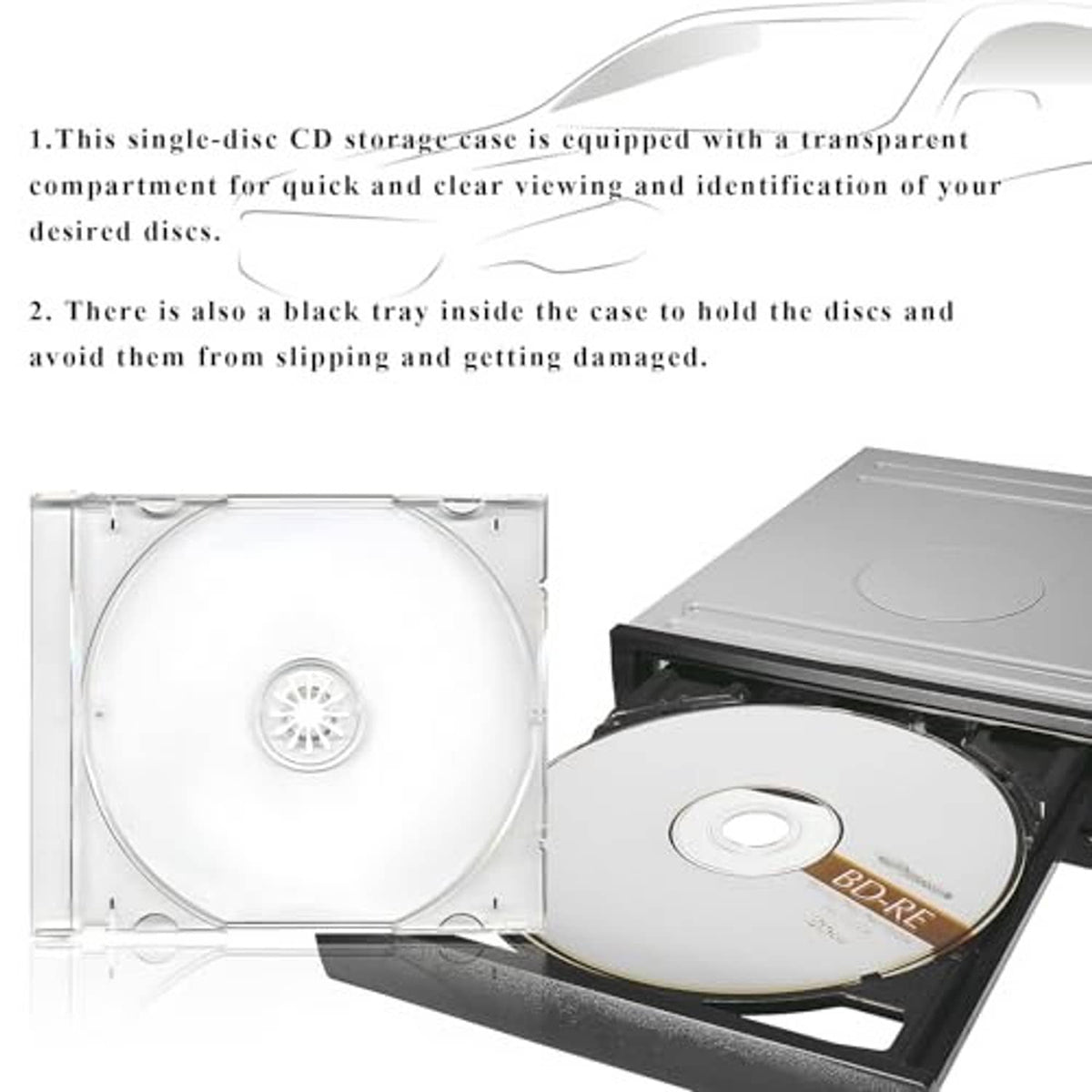 Clear CD jewel case holding a single disc; transparent hinged cover over the tray.