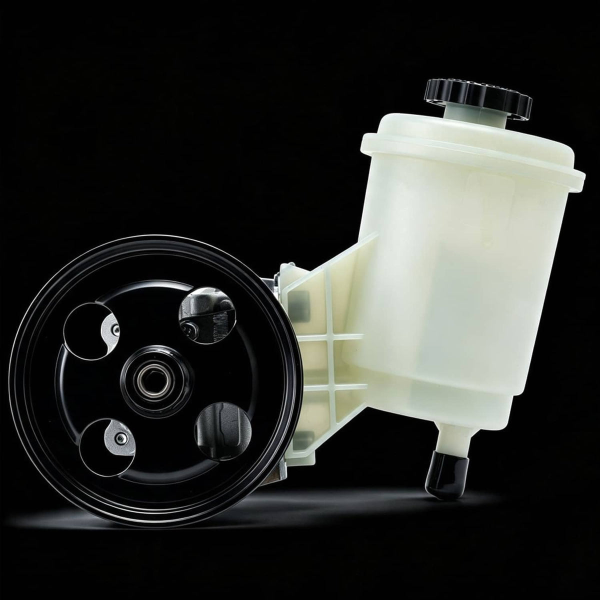 Power steering pump with light reservoir tank and black pulley, angled front view.
