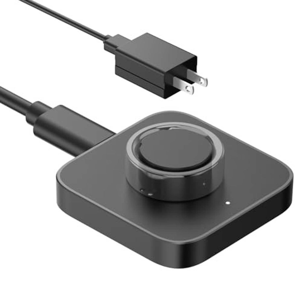 Black charging dock base with USB cable, plug, and central ring charging port
