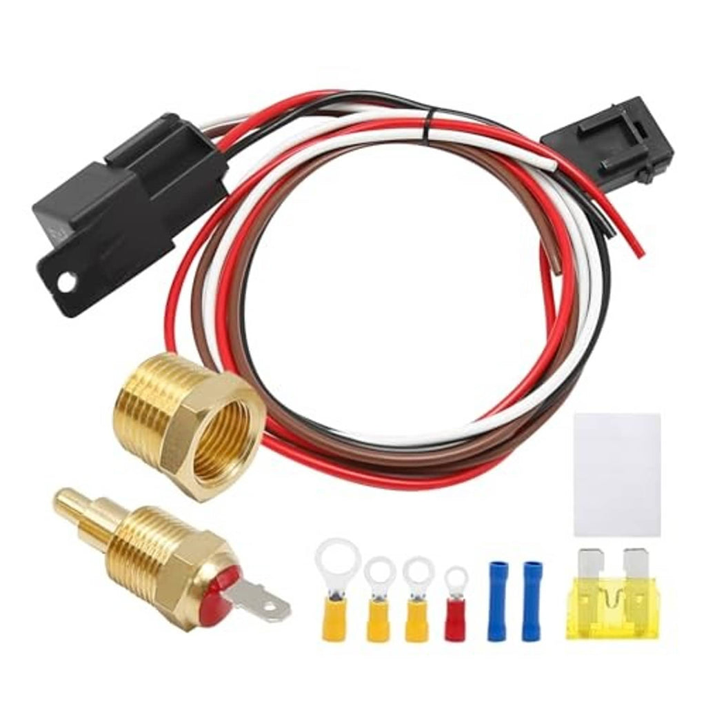 Electric fan wiring thermostat kit set with sensor fittings, wire harness, and connectors