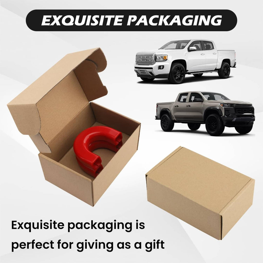 Red silicone tow hook cover in cardboard packaging with molded insert