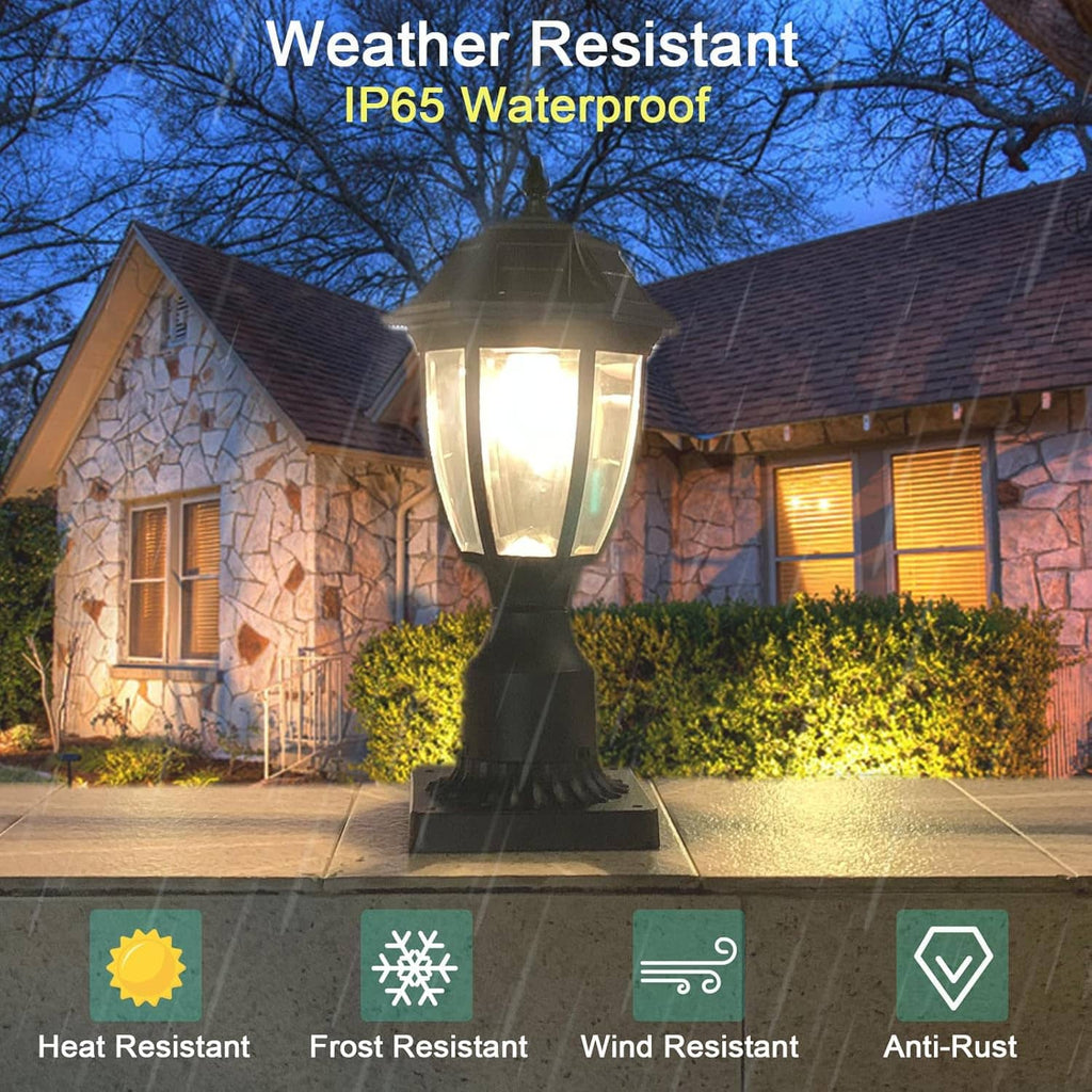 Weatherproof solar post lantern light with clear glass shade and dark metal body