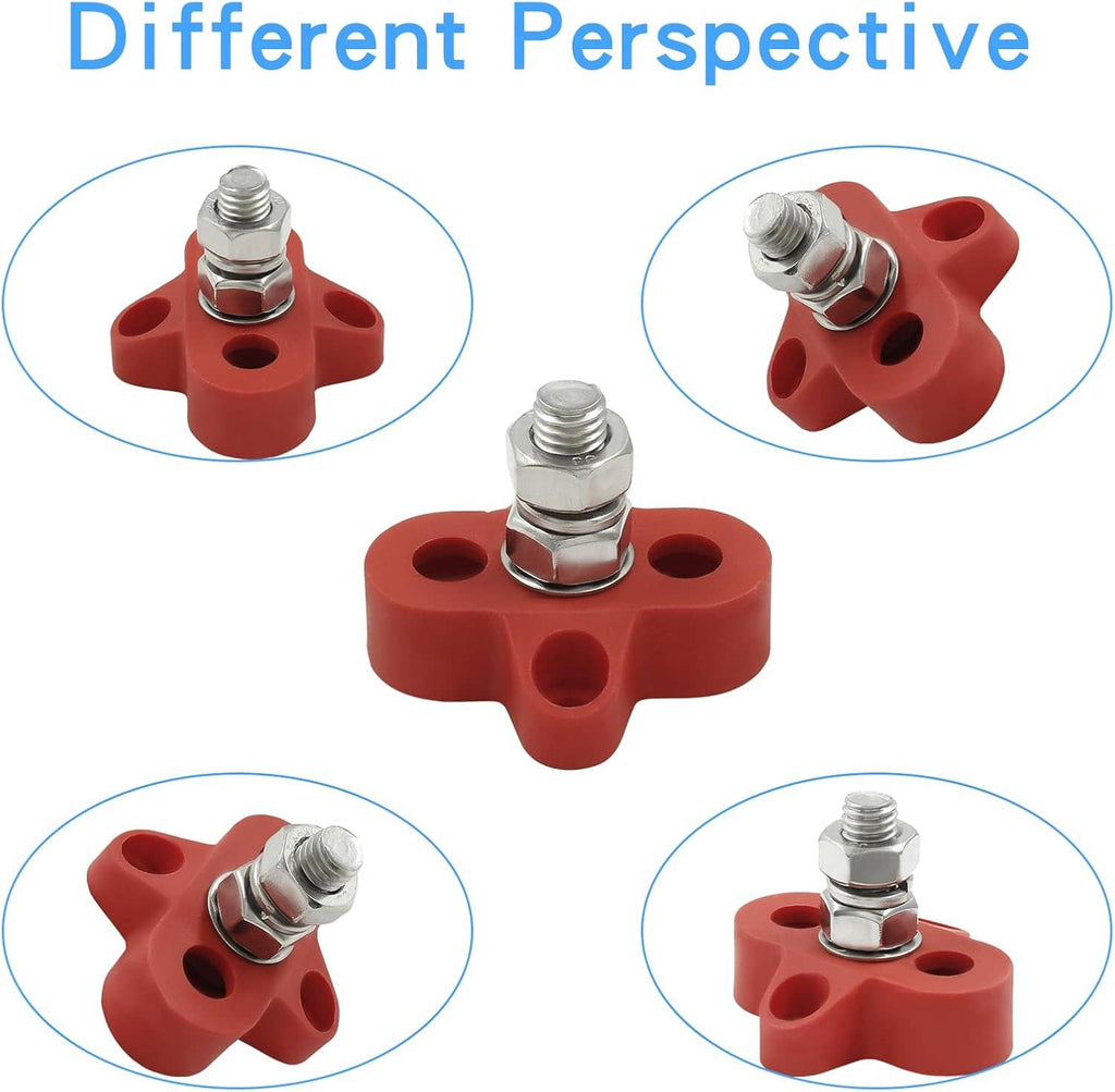 Red and black battery junction post terminals shown from multiple angles, steel studs installed