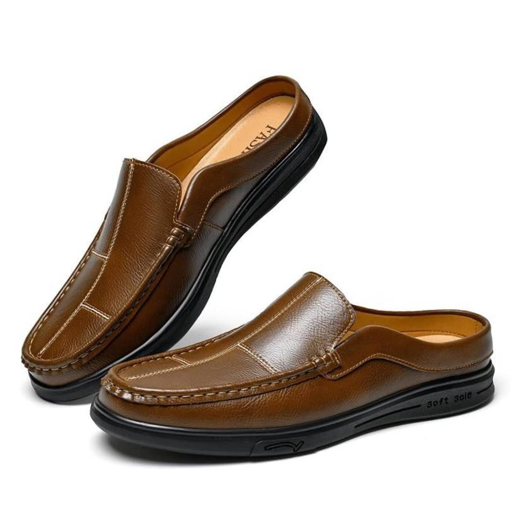 Men's brown leather slip-on mules with moc-toe stitching and cushioned sole