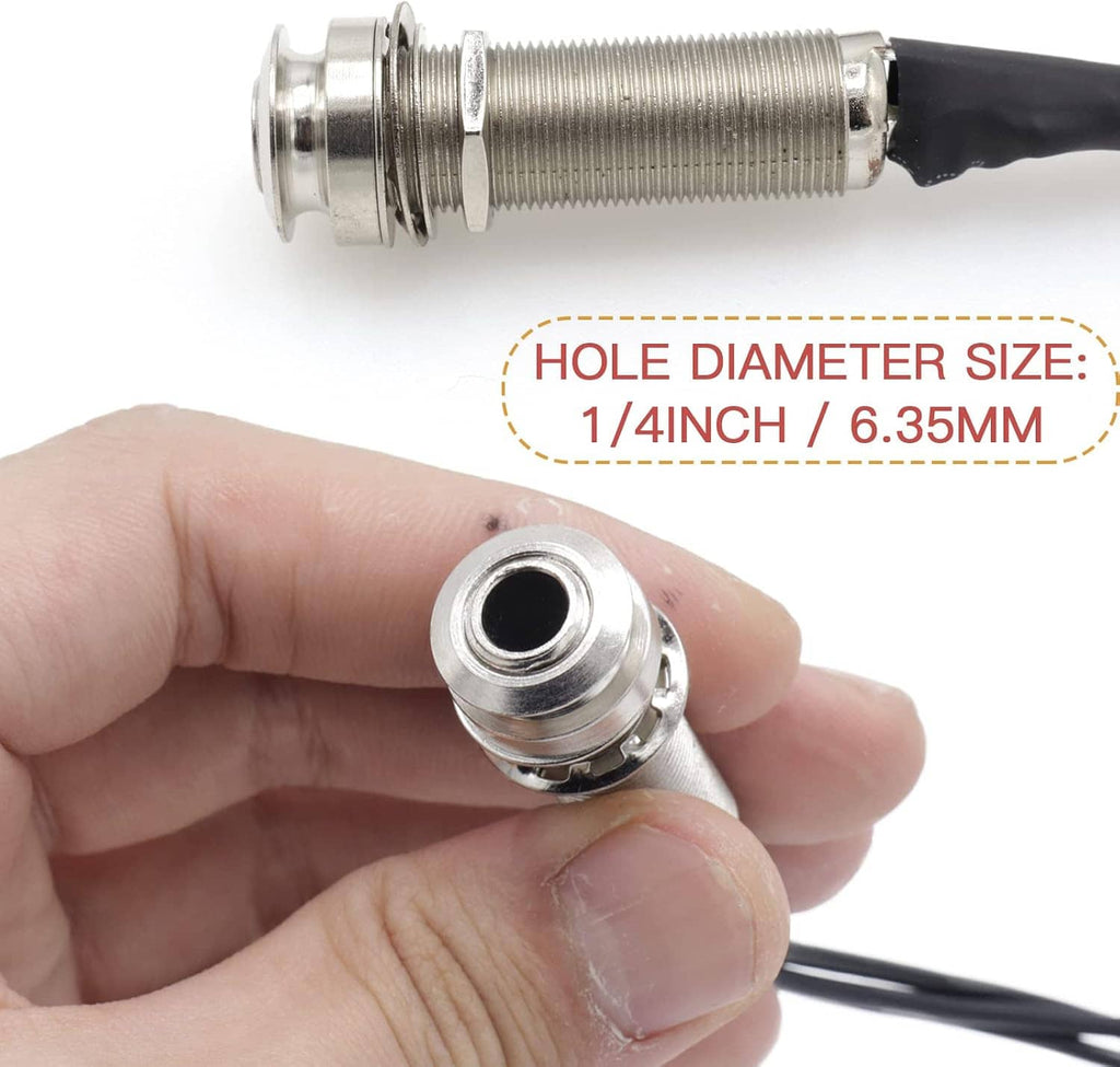 1/4-inch contact pickup output plug with metal threaded body and black cable