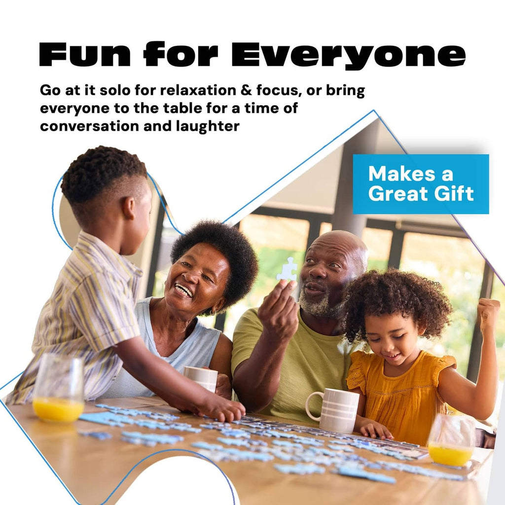 Family playing jigsaw puzzle together at a table, arranging pieces