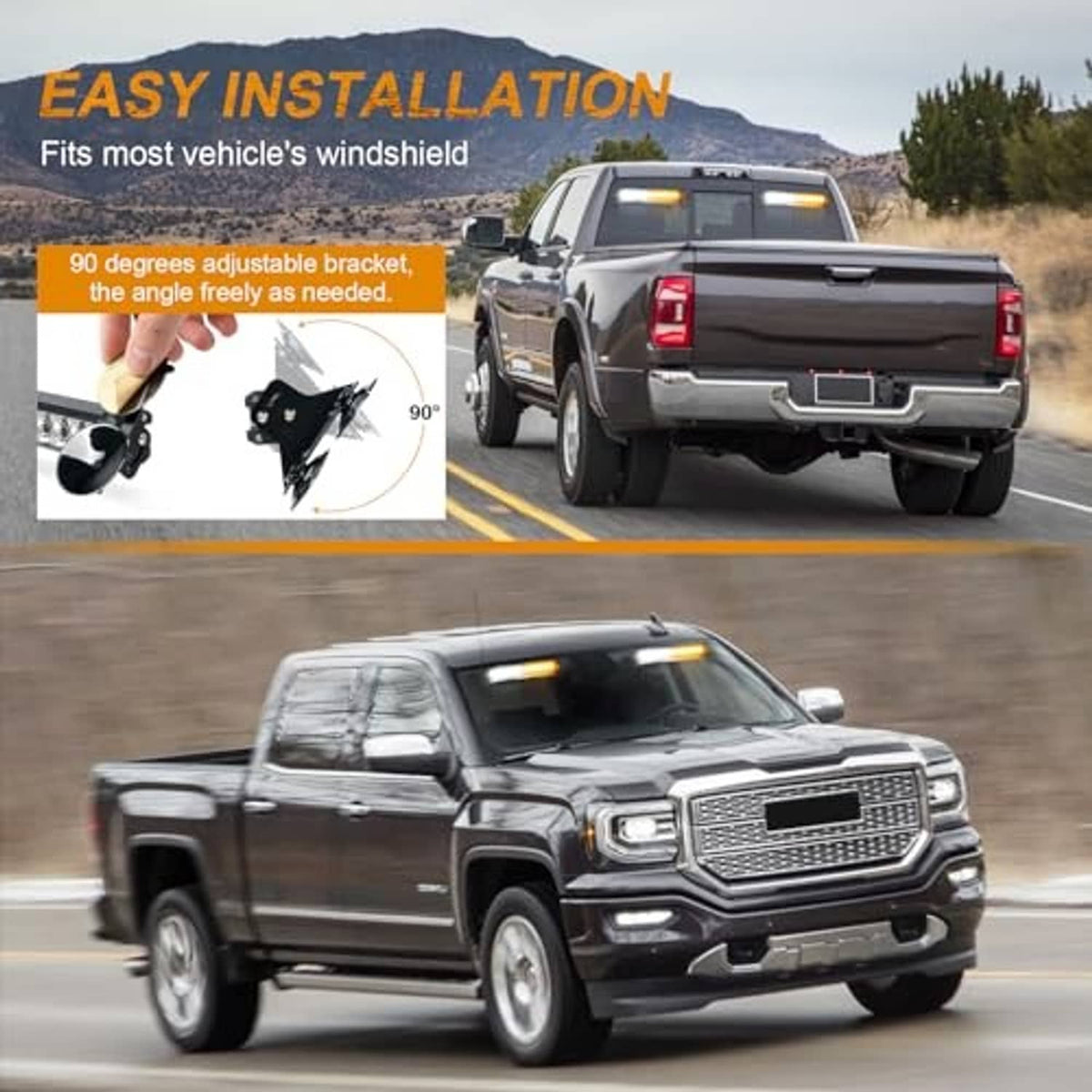 LED strobe light bar with amber LED strips mounted on vehicle roof