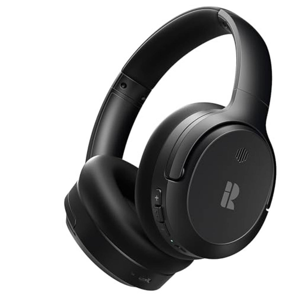 Black over-ear headphones, front view with padded headband and earcup controls