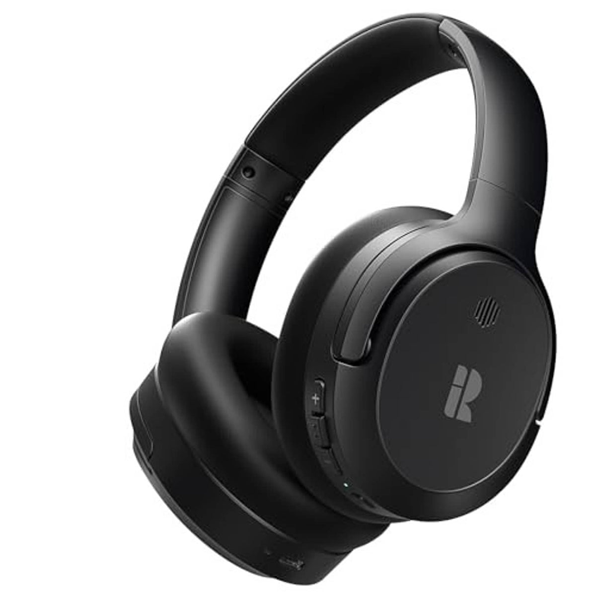 Black over-ear headphones, front view with padded headband and earcup controls