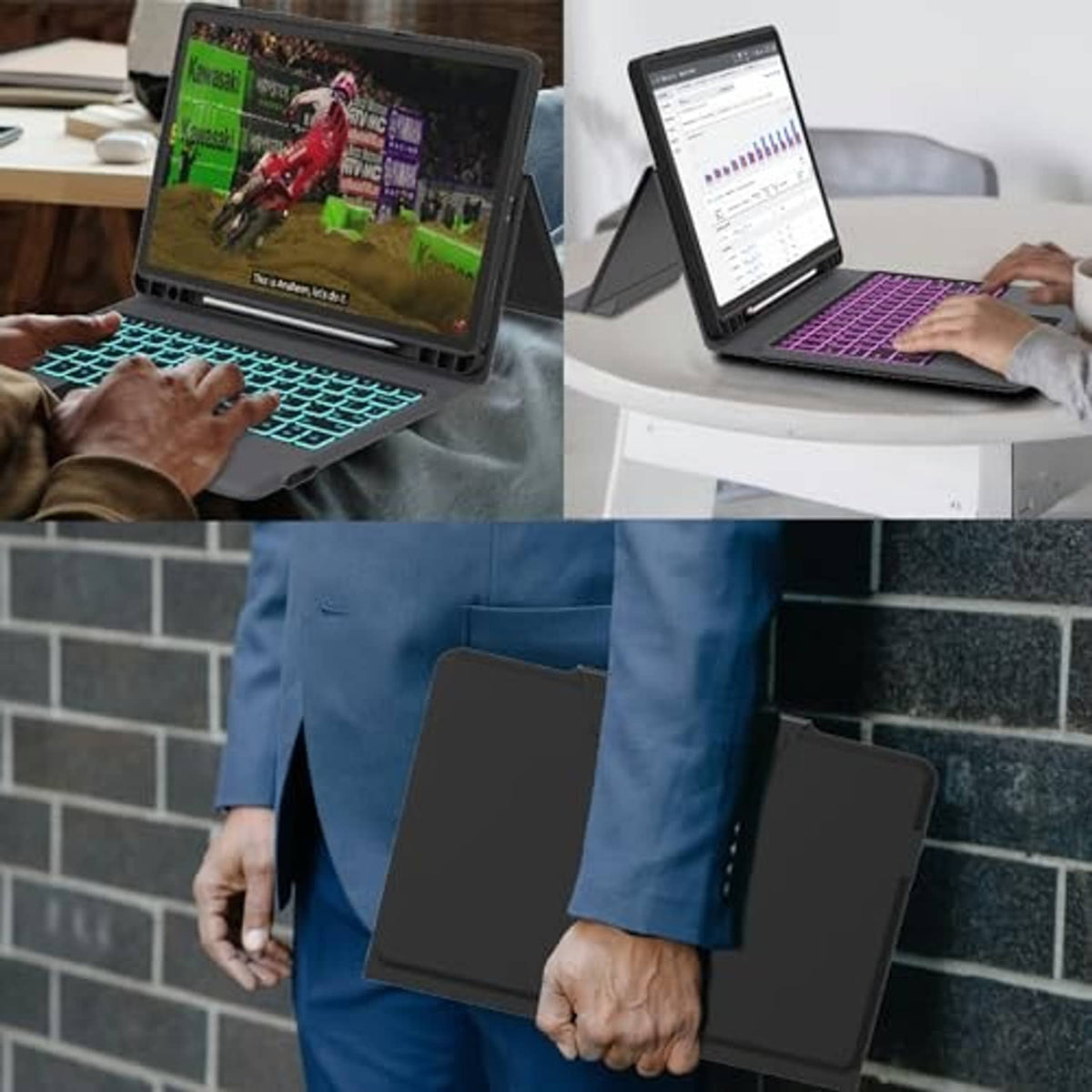 Keyboard case collage: blue backlit keys in use and closed folio held in hand