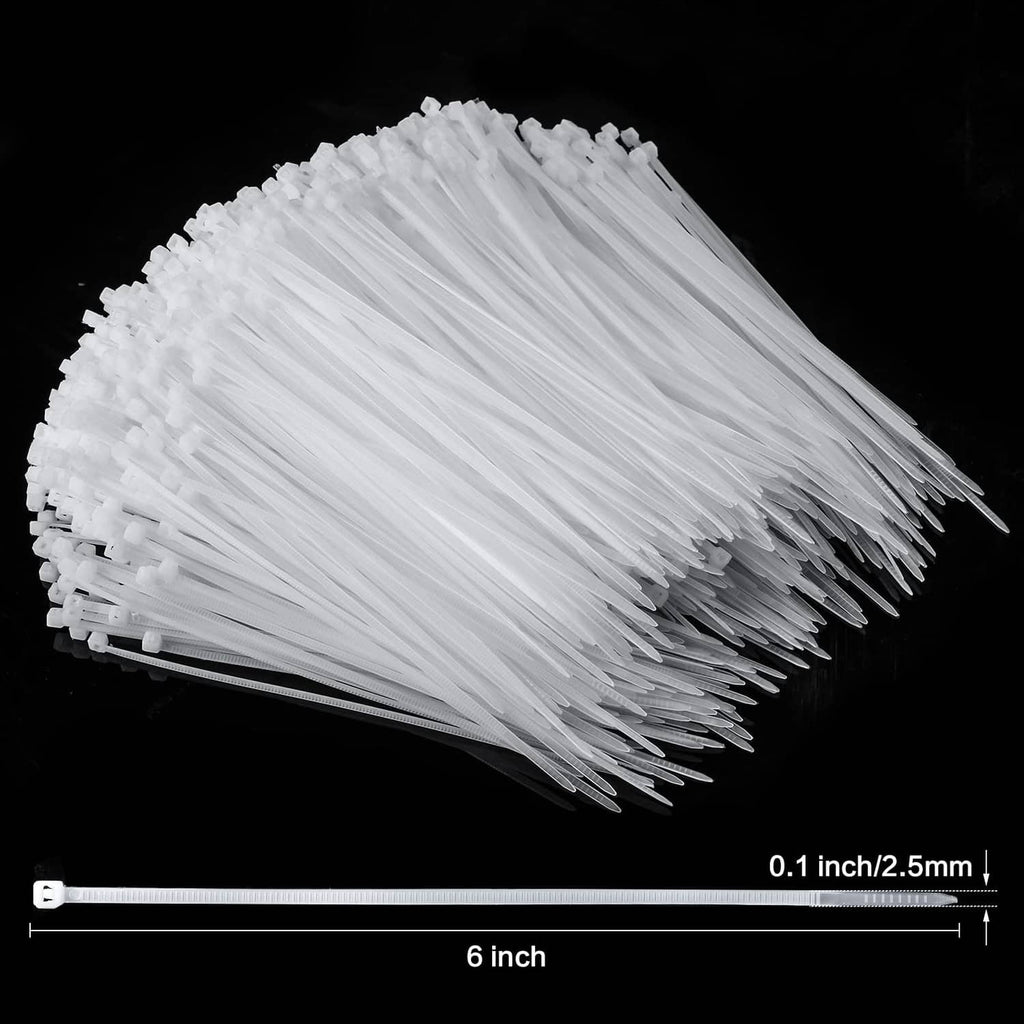 White 6-inch cable ties bundle, shown with size scale